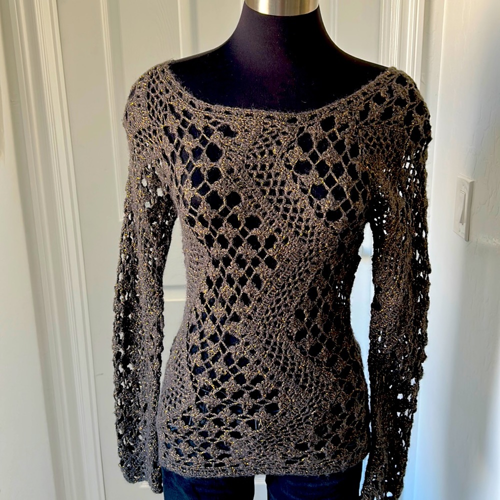 Open-Knit Scoop Neck Sweater Top - Brown